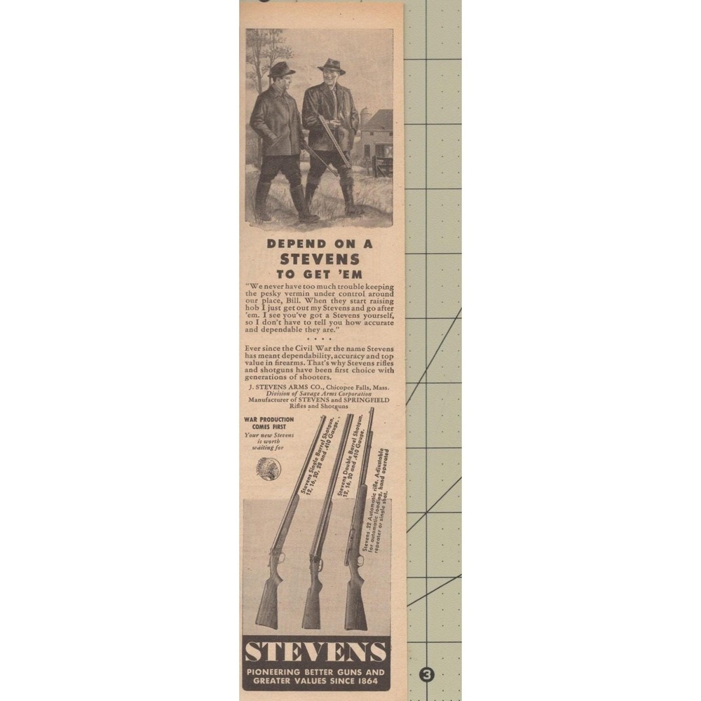 Stevens Firearms Rifles Shotguns Chicopee MA WWII Hunting Wartime Print Ad 1945